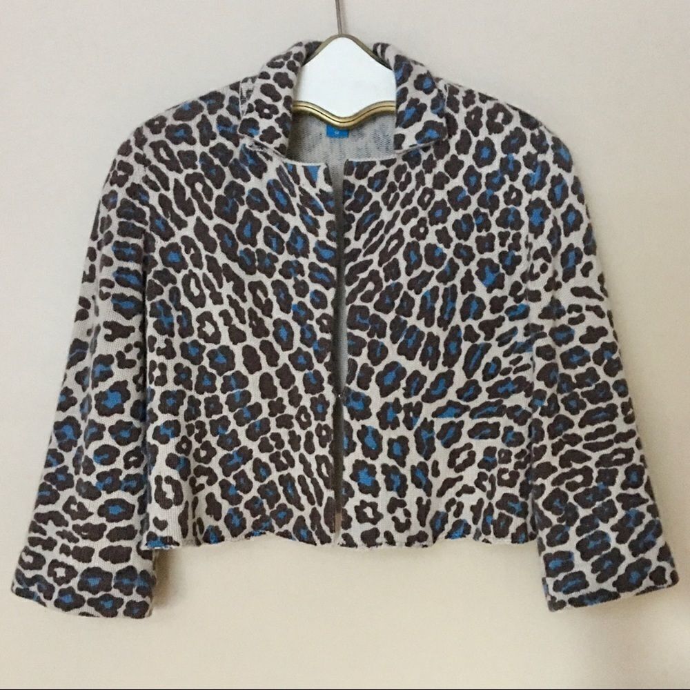 White + Warren Cashmere Leopard Print Cropped Cardigan Sweater | Size M - Picture 2 of 14